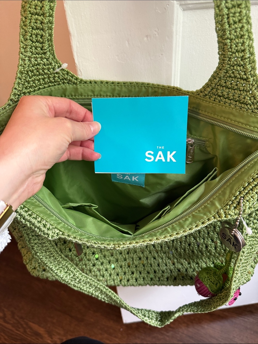 NEW The Sak Olive Green Crochet Tote with Multicolor Tassel - Picture 6 of 6